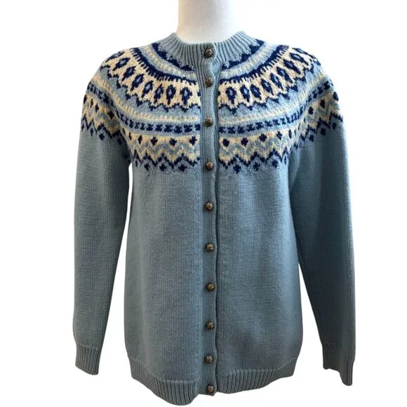 Vintage Wool Nordic Fair Isle Ski Sweater Button front cardigan size medium - Picture 1 of 4